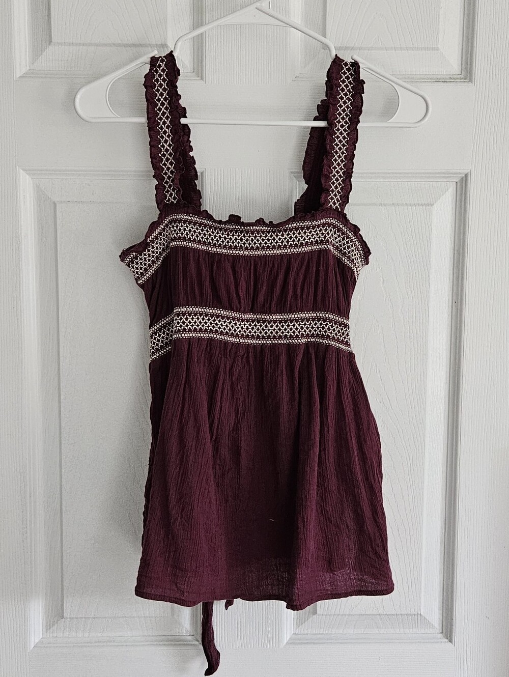 Burgandy wine embroidered cotton gauze tank Small